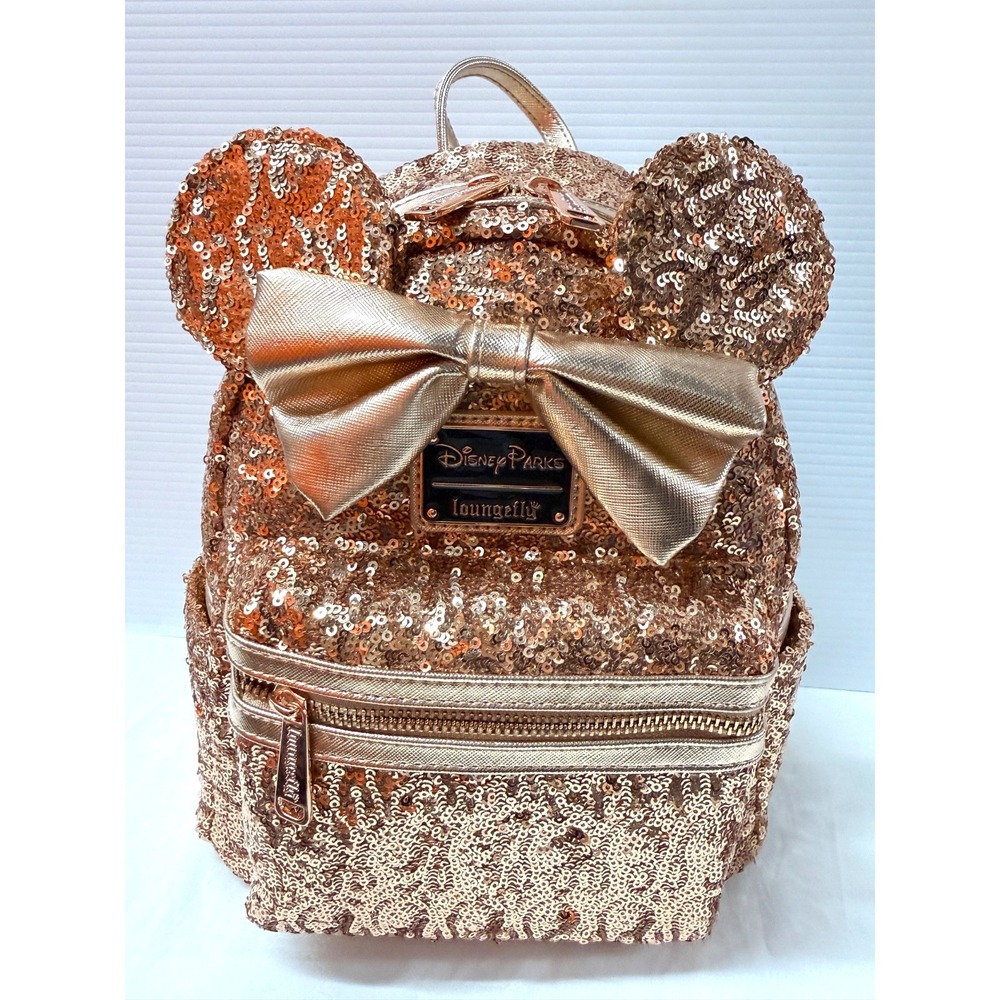 Disney Parks LoungeFly Rose Gold Sequin Bow Minnie Mouse Mini Backpack NwT